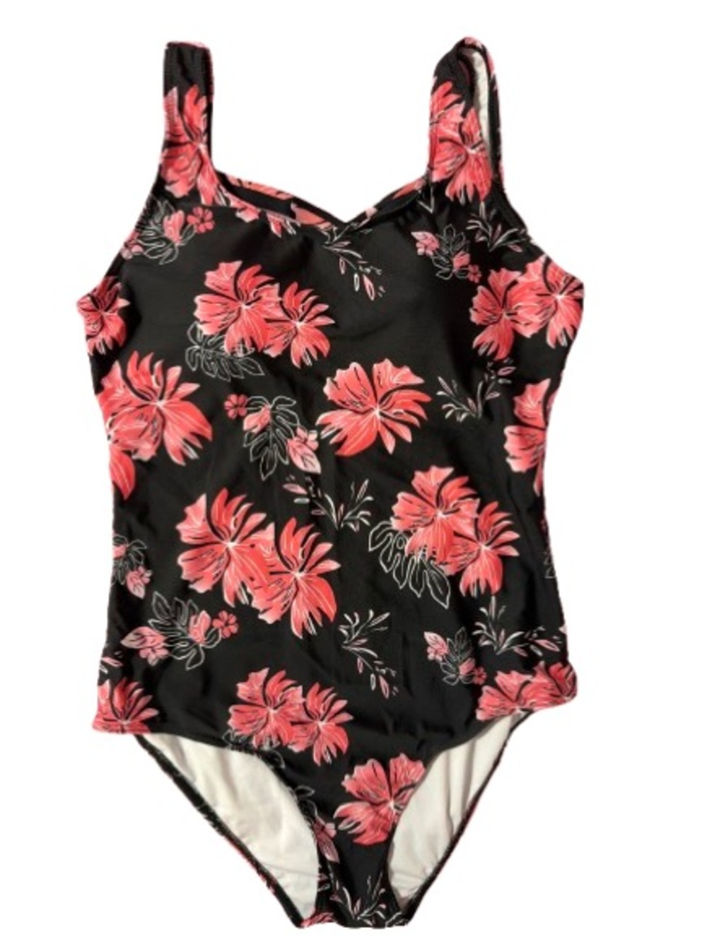 Women Black One-Piece Swimsuit with Coral Floral Print Size L No brand tag NWOT